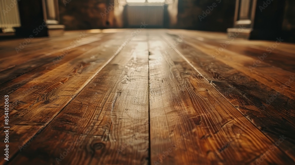 A narrow focus on a wooden floor, sunlight filtering in from a distant window A narrow focus on a wooden floor, sunlight filtering in from a distant window