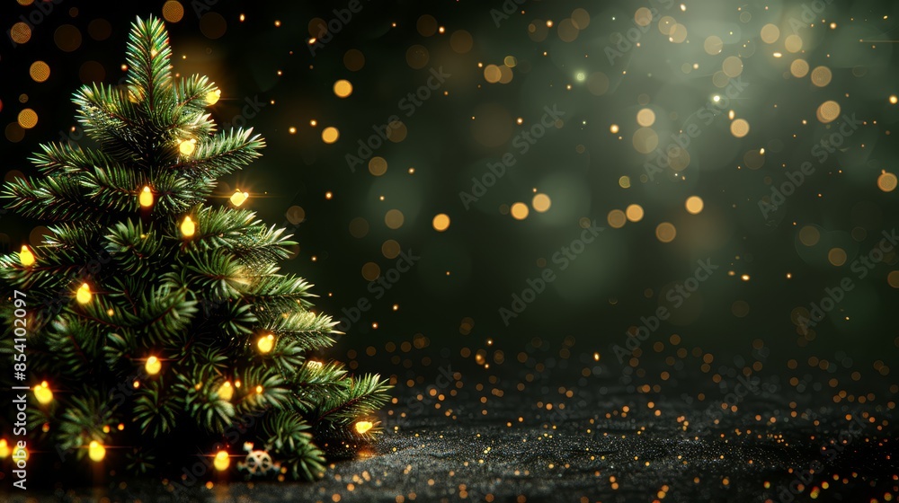 A tight shot of a Christmas tree on a table against a softly blurred backdrop of holiday lights A tight shot of a Christmas tree on a table against a softly blurred backdrop of holiday lights