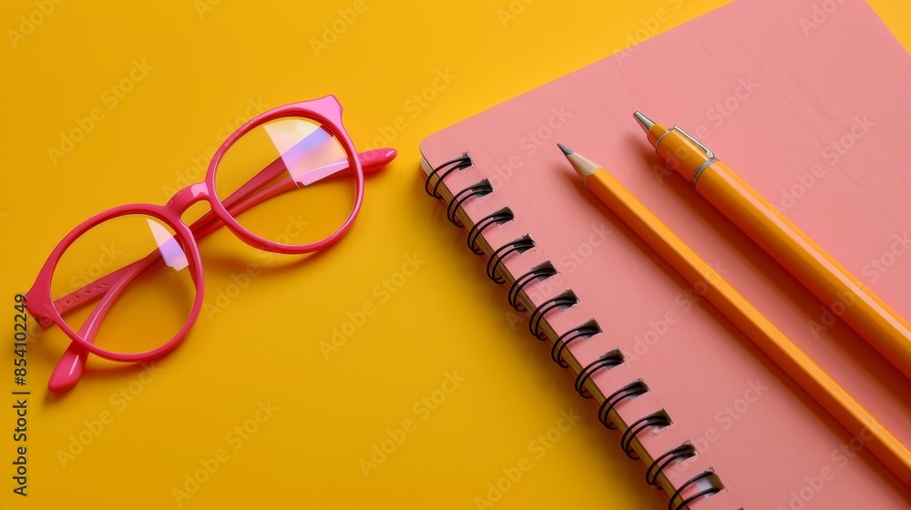 A pink notebook, pencil, and two pairs of pink glasses on a yellow and pink background A pink notebook, pencil, and two pairs of pink glasses on a yellow and pink background
