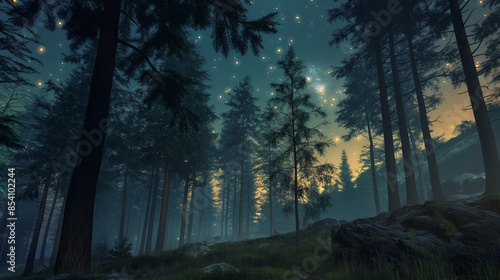 A forest in the background of stars