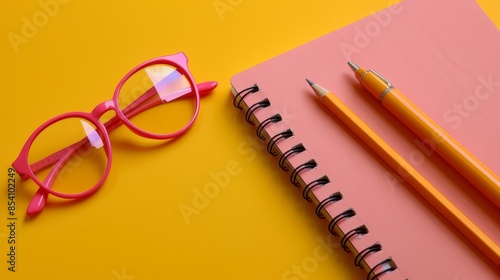  A pink notebook, pencil, and two pairs of pink glasses on a yellow and pink background