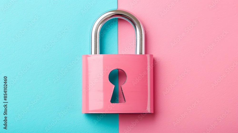 A pink padlock on a blue and pink wall; its keyhole forms the lock's shape A pink padlock on a blue and pink wall; its keyhole forms the lock's shape