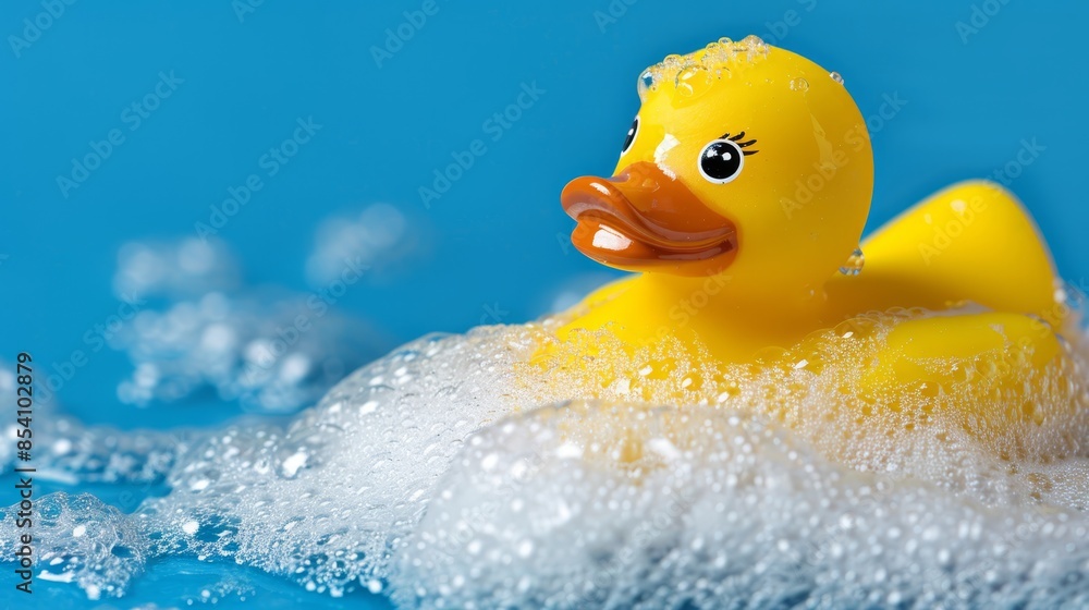 A rubber ducky, tightly filled bathwater, foamy edges, encircled by bubbles A rubber ducky, tightly filled bathwater, foamy edges, encircled by bubbles