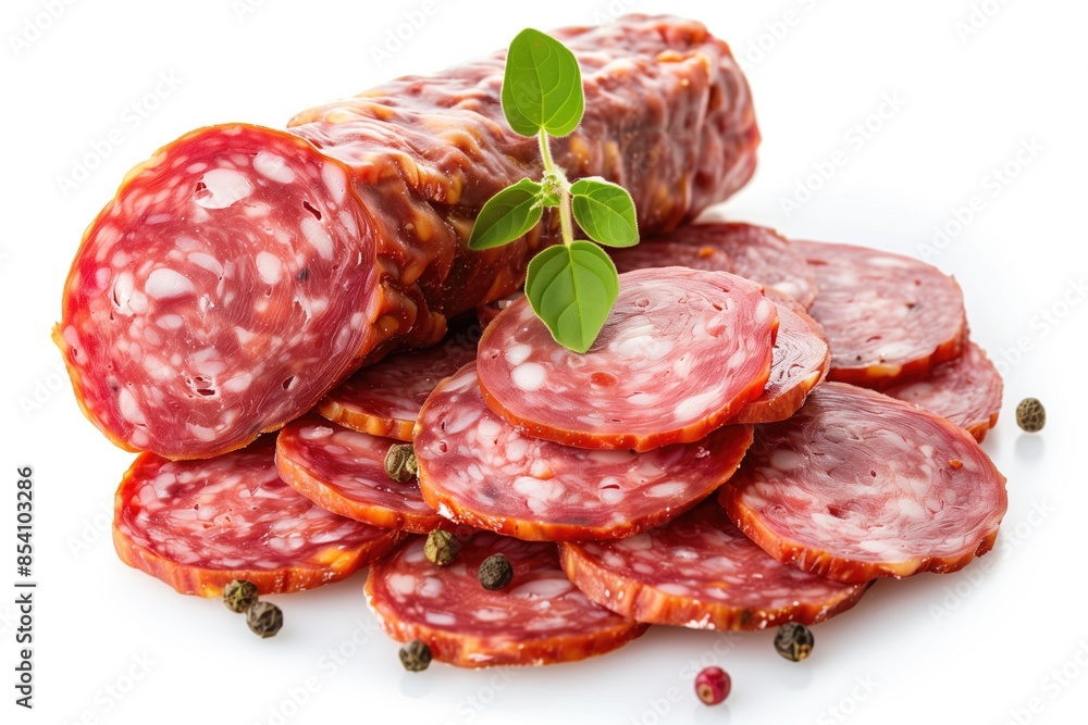 Delicious Sliced Salami with Fresh Herb Garnish and Peppercorns on White Background. Delicious Sliced Salami with Fresh Herb Garnish and Peppercorns on White Background.