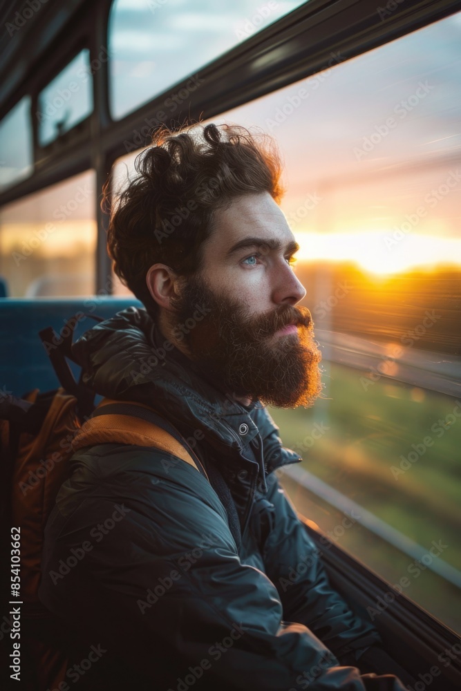 Fototapeta premium A person gazing out of a window with a backpack by their side