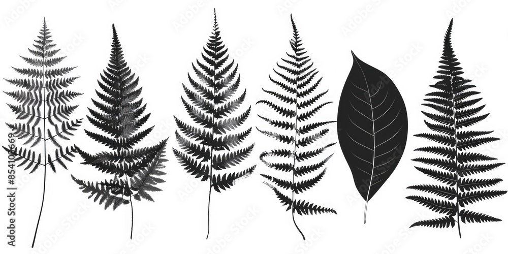 Naklejka premium Four different types of fern leaves on a green background