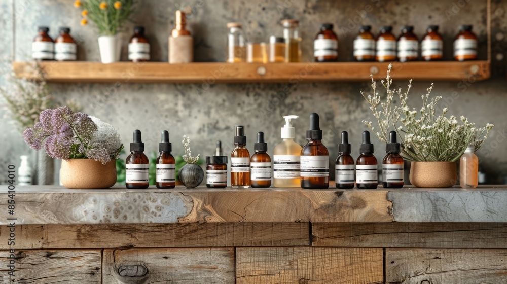 Amber bottles of essential oils on rustic counter, shelf above with extra bottles. Potted plants add natural touch to scene. Amber bottles of essential oils on rustic counter, shelf above with extra bottles. Potted plants add natural touch to scene.