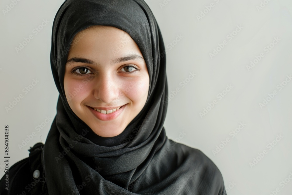 A young woman wearing a traditional black hijab smiles directly at the camera, conveying warmth and confidence A young woman wearing a traditional black hijab smiles directly at the camera, conveying warmth and confidence