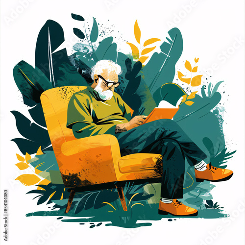 person reading a book in a green chair, in a relaxed posture during leisure time. photo