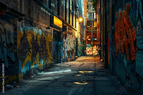 A shadowy alleyway with graffiti that comes to life under the moonlight
