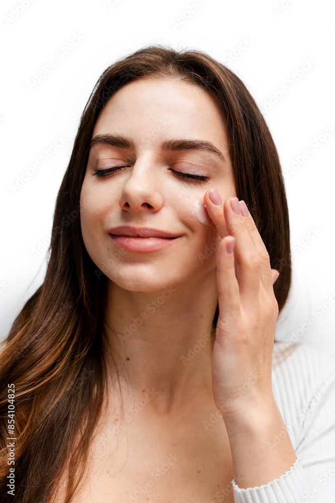 Hydration facial skin with help of special cream. Applying moisturizing cream on face of attractive girl. Hydration facial skin with help of special cream. Applying moisturizing cream on face of attractive girl.