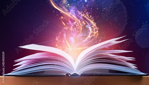 enchanting open book radiating magical glowing particles and mystical swirls vertical card with copy space