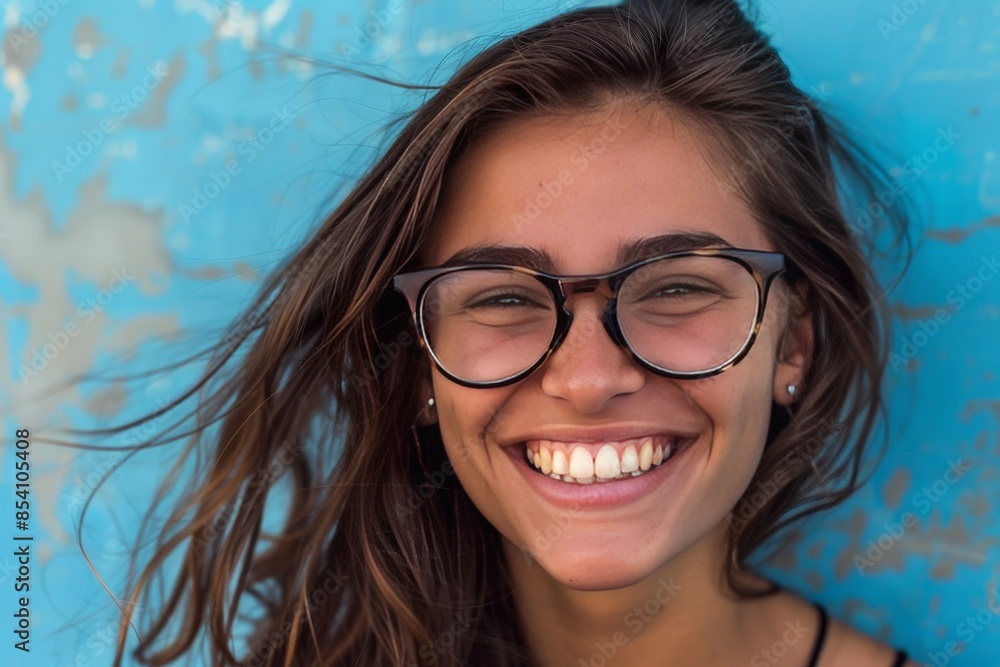 A joyful young woman with glasses smiling broadly against a blue textured backdrop A joyful young woman with glasses smiling broadly against a blue textured backdrop
