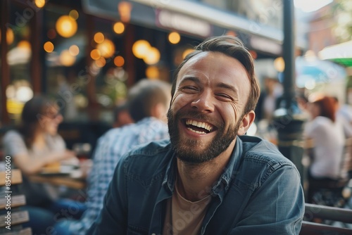 A close-up image captures a man laughing out loud with a defocused streetscape and people in the background
