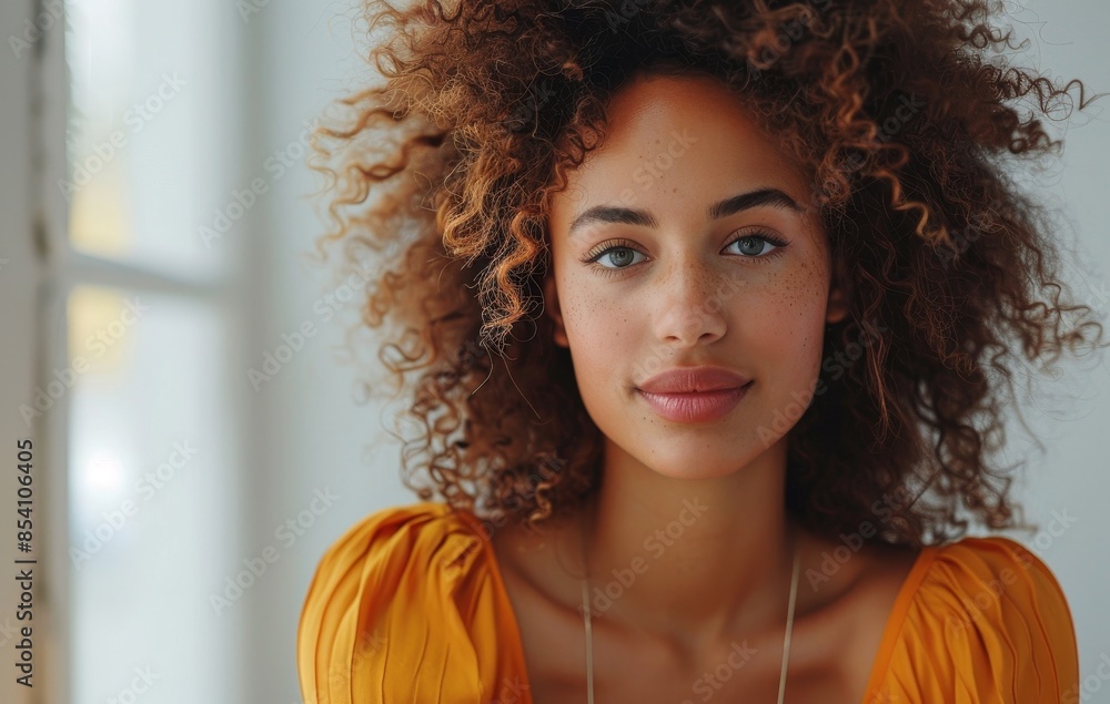 Close-up of the face of an African American female model with a fluffy hairstyle, commercial photography Close-up of the face of an African American female model with a fluffy hairstyle, commercial photography