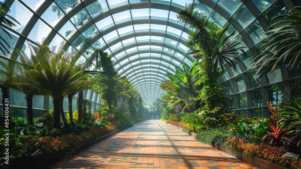 A walkway through a lush, tropical greenhouse with a glass ceiling and vibrant foliage. A walkway through a lush, tropical greenhouse with a glass ceiling and vibrant foliage.
