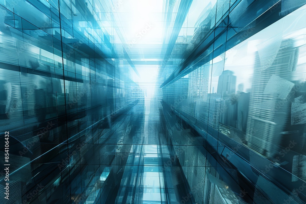 Fototapeta premium An upwards perspective inside a modern glass building creating an abstract effect