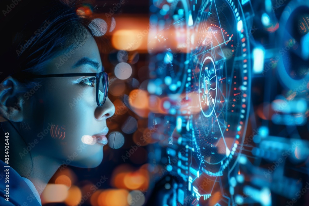 A person engages with glowing futuristic holographic technology and data visualization A person engages with glowing futuristic holographic technology and data visualization