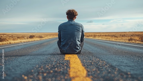 Thoughtful young man sitting alone on a long straight road contemplating life's journey