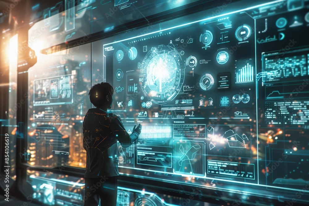 Obraz premium A person interacts with a high-tech holographic display filled with graphs and data visualizations