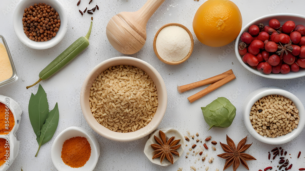 Fototapeta premium spices and herbs on wooden table