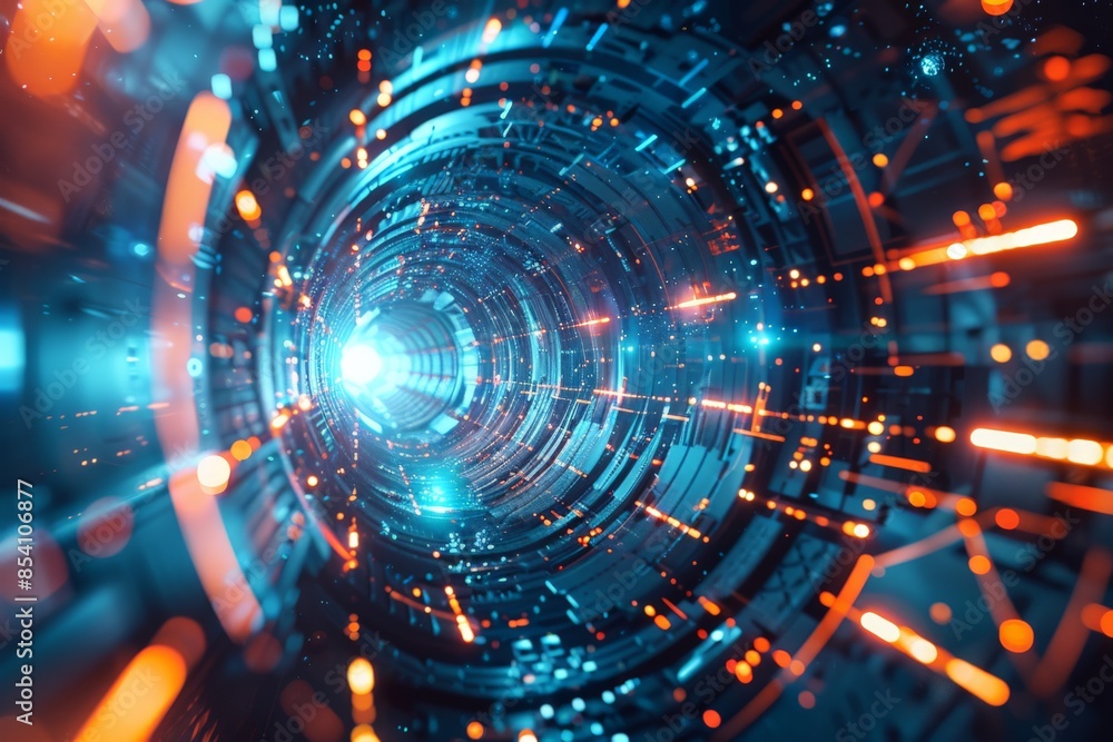 A vibrant image depicting a futuristic tunnel filled with glowing lights and cybernetic details A vibrant image depicting a futuristic tunnel filled with glowing lights and cybernetic details