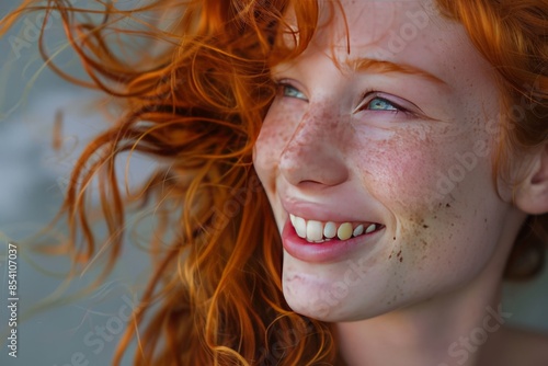 Radiant redhead with windswept hair enjoys a light-hearted moment by the sea, expressing joy and vivacity