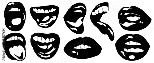 lips and mouth with silhouette, for y2k punk grunge collage design. Vector illustration for vintage music poster or banner