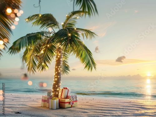 A isolated palm tree standing on the beach surrounded with some gifts and lights hanging in it. photo