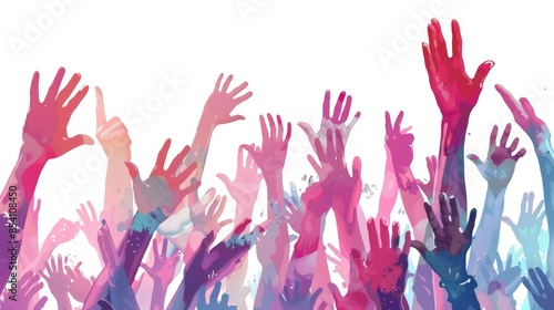 A group of people are raising their hands in the air. They are all different colors, which could represent different cultures or backgrounds. The image is positive and uplifting, and it suggests that photo