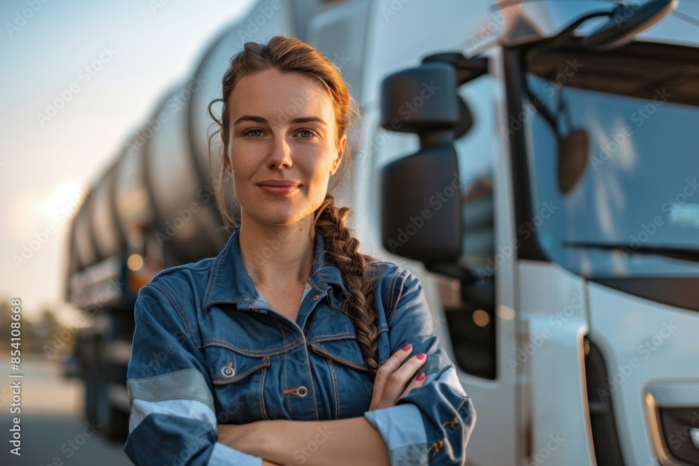 Young Caucasian female truck driver, standing with arms crossed in front of a tanker truck, wearing a denim work shirt. Young Caucasian female truck driver, standing with arms crossed in front of a tanker truck, wearing a denim work shirt.
