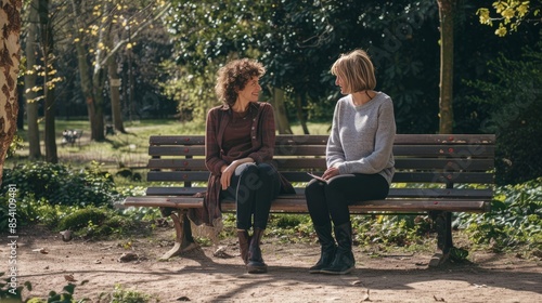 Two friends having a heart-to-heart conversation on a park bench