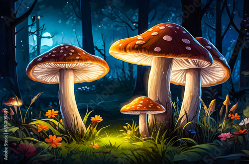 Mushrooms glow softly at the base of blooming trees in a meadow, creating a magical nighttime scene vector art illustration image.  © Ariyan