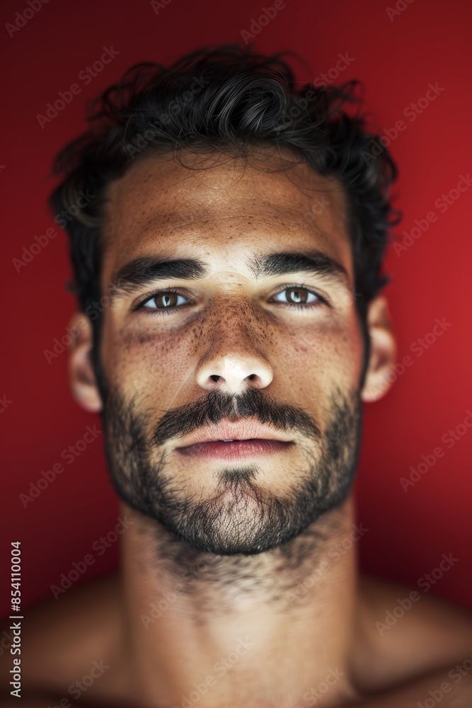 Fototapeta premium Passionate Man Portrait Against Red Backdrop Generative AI