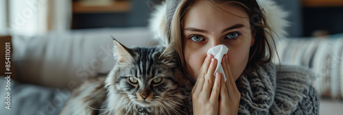 Caucasian woman with cat fur allergy in the house.