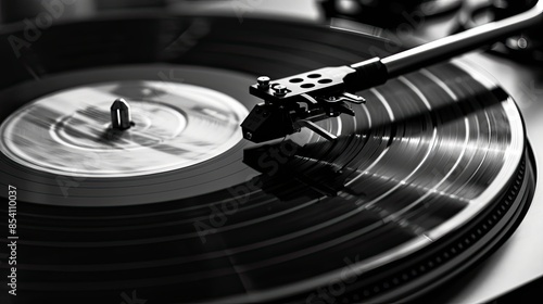 Close-up of a vinyl record playing on a turntable photo