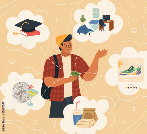 Young man character planning budget thinking about finance allocation