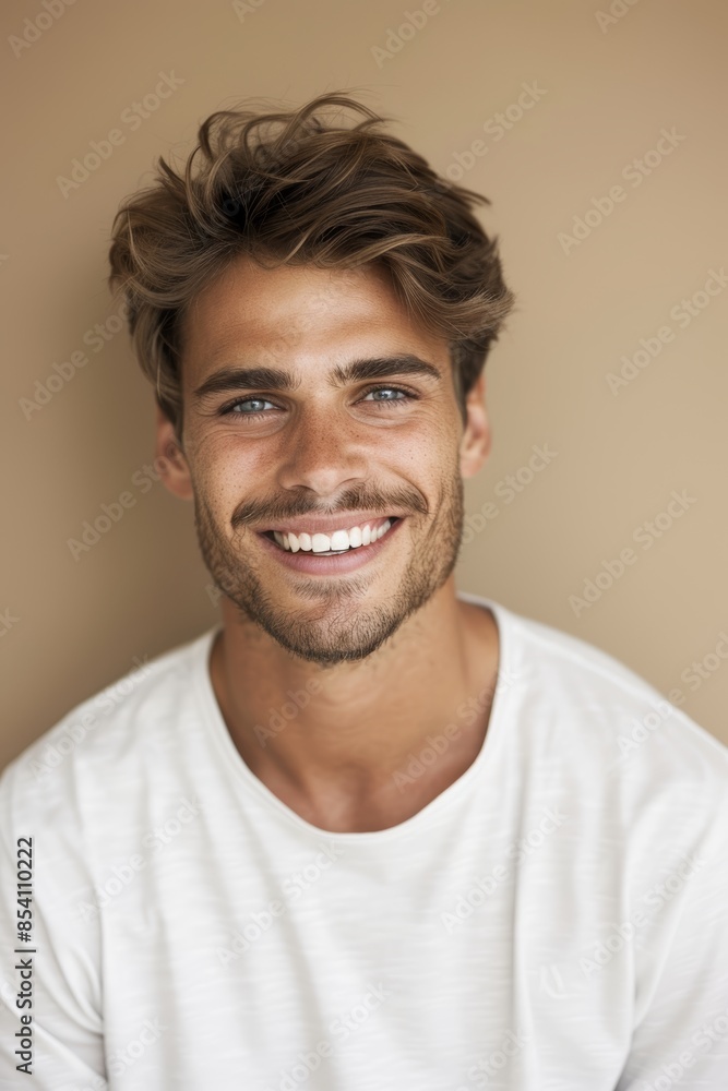 Serene Portrait of a Handsome Man on Beige Background Generative AI Serene Portrait of a Handsome Man on Beige Background Generative AI