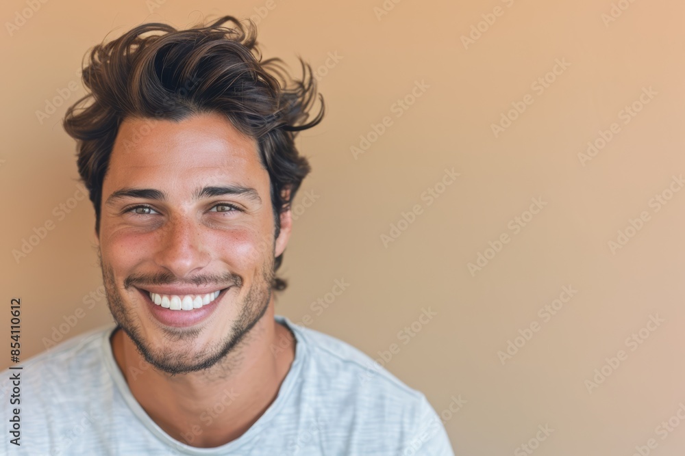 Smiling Man on Beige Background Capturing Joy and Warmth Generative AI Smiling Man on Beige Background Capturing Joy and Warmth Generative AI