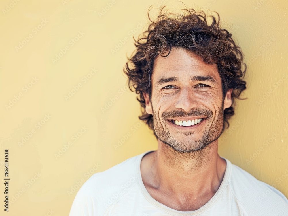 Obraz premium Warm Smiling Portrait Against Soft Yellow Background Generative AI