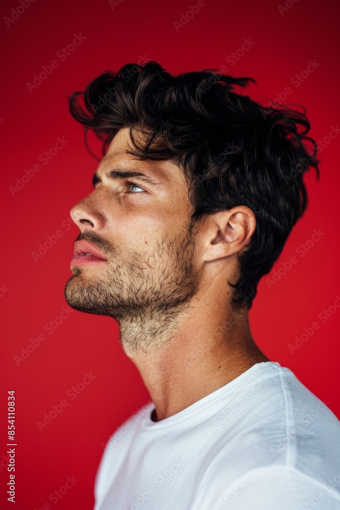 Fototapeta premium Passionate Man with Strong Emotions Against Red Backdrop Generative AI