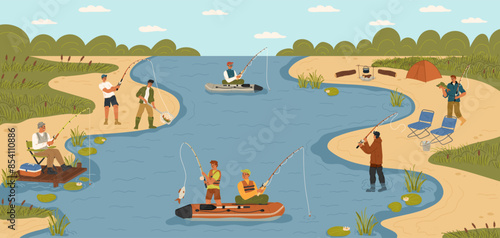 People fishing on river enjoying leisure on nature scene