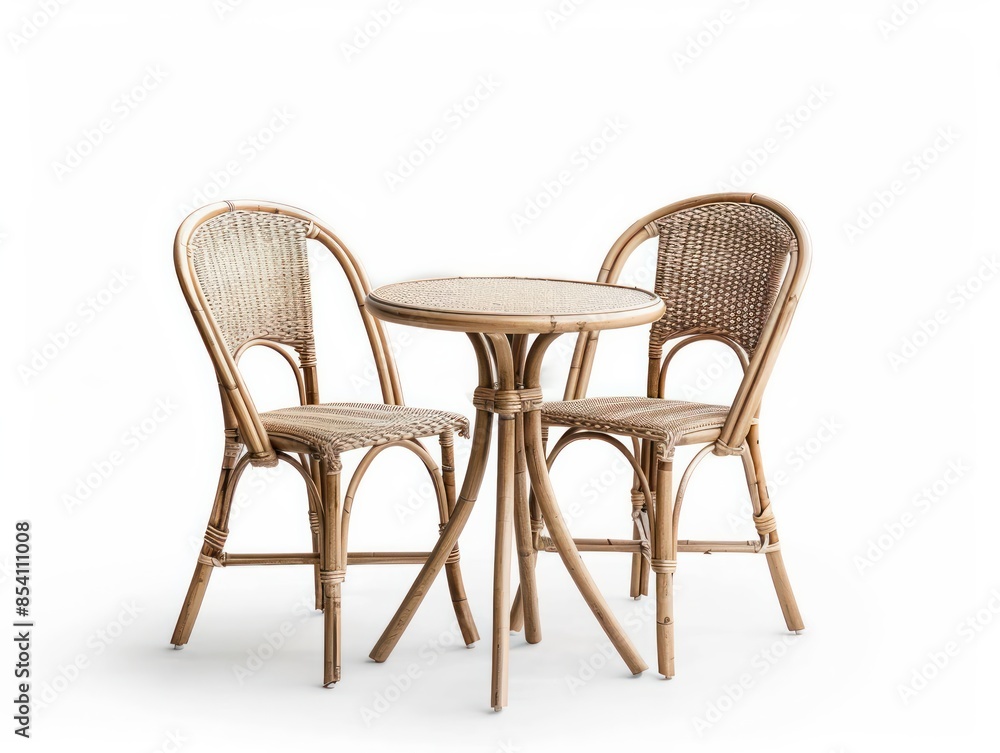 A wooden table with two chairs and a third chair in the background A wooden table with two chairs and a third chair in the background