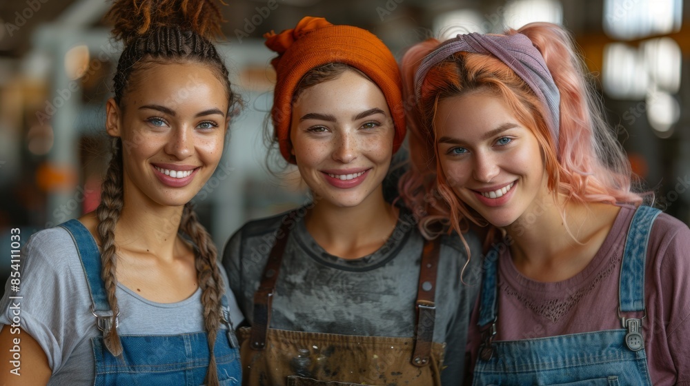 Three creative women, each with colorful hair, are smiling in an artisan workshop, radiating friendship and collaboration Three creative women, each with colorful hair, are smiling in an artisan workshop, radiating friendship and collaboration