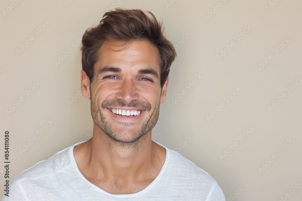 Smiling Man Portrait Against Soft Beige Background Generative AI Smiling Man Portrait Against Soft Beige Background Generative AI
