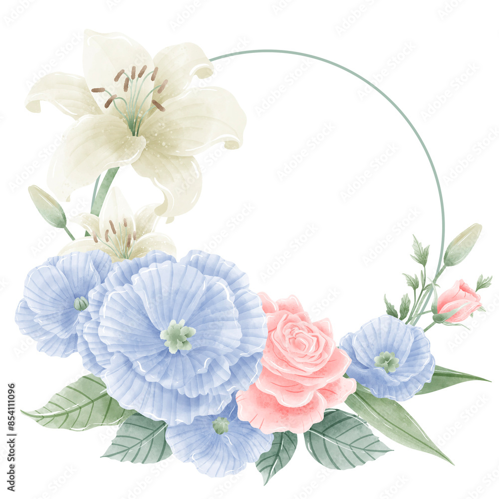 Watercolor Hand drawn illustration 4th of July Independence Day pink rose white lily blue flax flower frame wreath Decoration Illustration Clipart Watercolor Hand drawn illustration 4th of July Independence Day pink rose white lily blue flax flower frame wreath Decoration Illustration Clipart