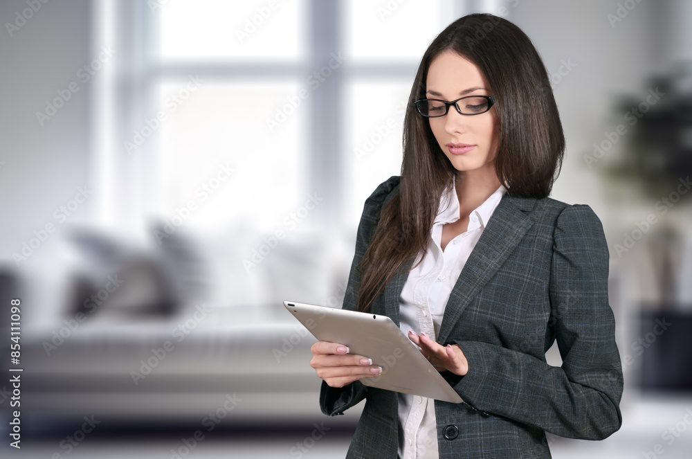 Happy mature woman hold digital tablet Happy mature woman hold digital tablet