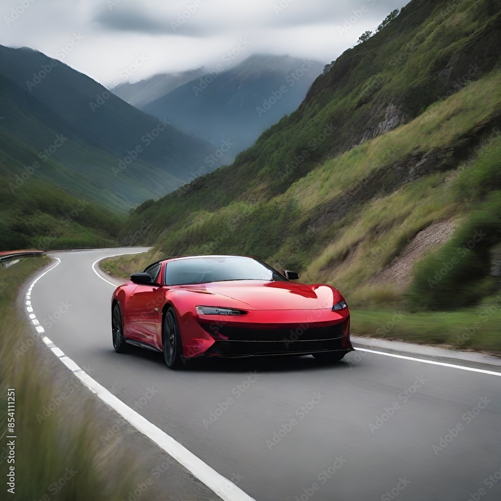 Naklejka premium Sports car driving down the road