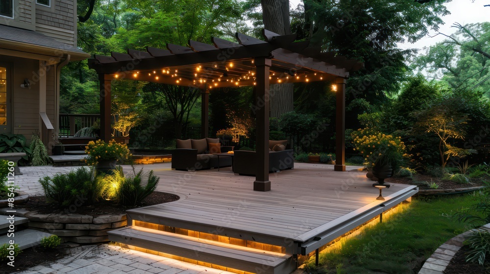 A patio with a wooden deck and a covered patio with a pergola A patio with a wooden deck and a covered patio with a pergola