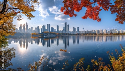 A panoramic view of Blackjack Lake in Seoul with the scenery of the skyline of Seoul city skyscrapers, autumn colors Generative AI photo